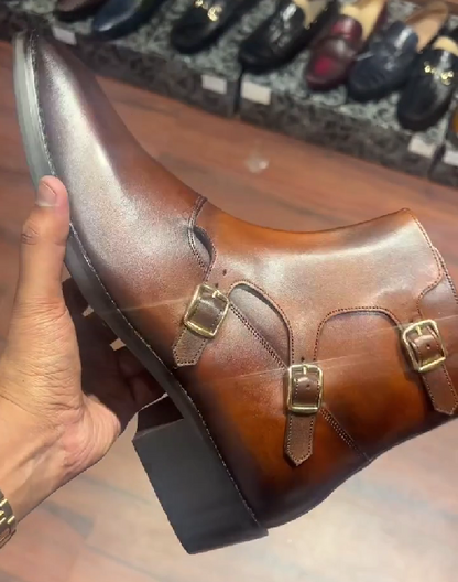 Men's Handmade Monk Zipper British Leather Boots