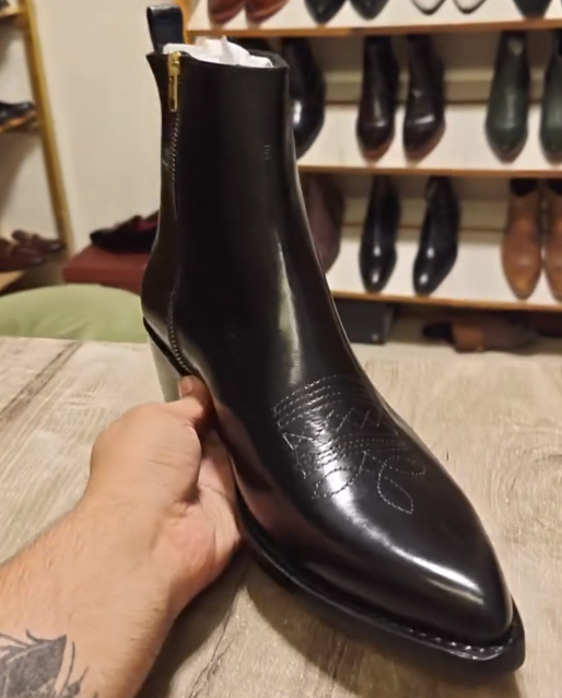 Men's Black Embroidered Pointed Leather Ankle Boots