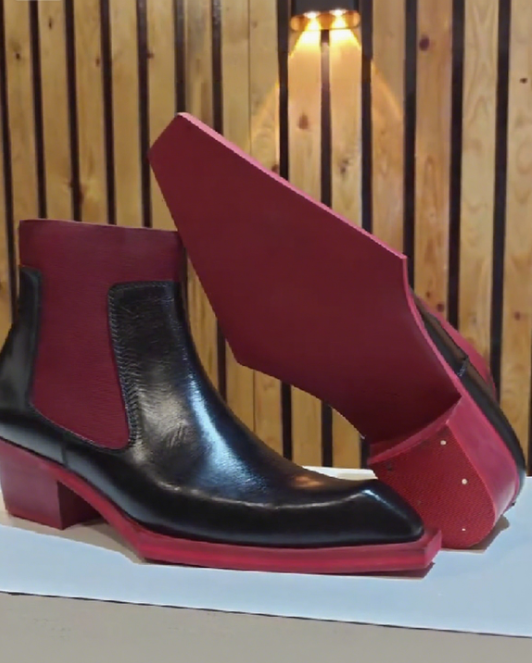 Men's Red Italian Square Toe Chelsea Leather Boots
