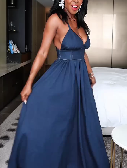 Sexy Slim Fit Suspender Dress Deep V Slit Banquet Evening Dress
