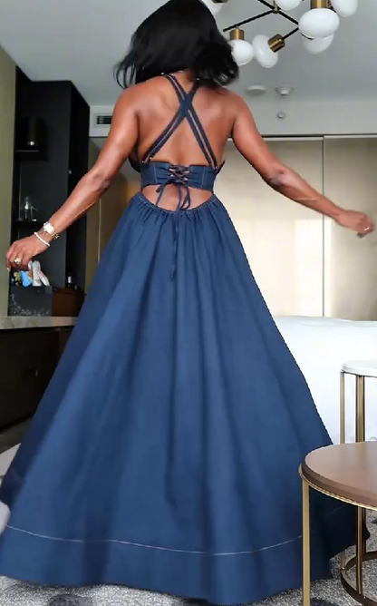 Sexy Slim Fit Suspender Dress Deep V Slit Banquet Evening Dress