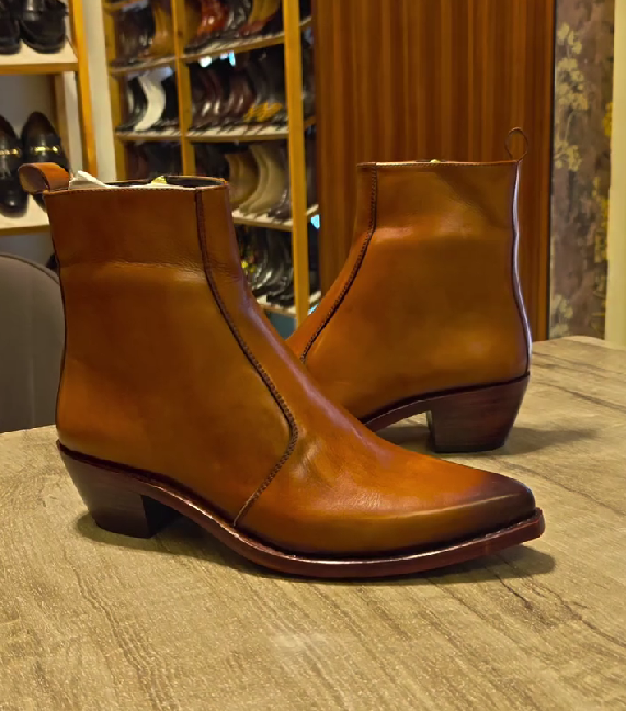 Men's Brown Leather Ankle Boots With Side Zip