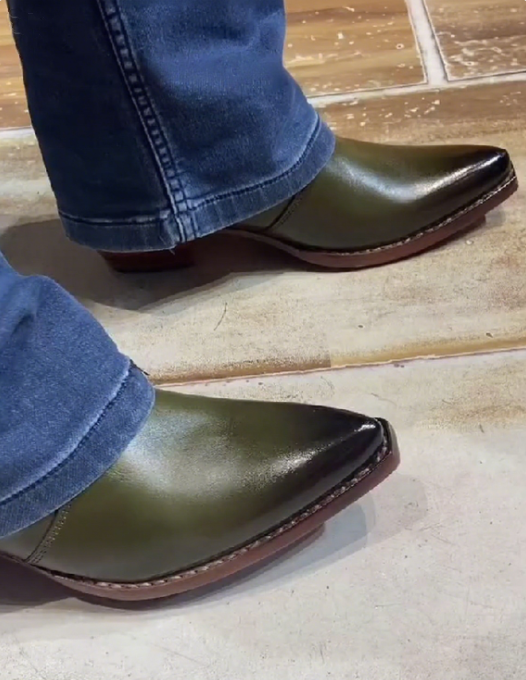 Men's Pointed Toe Ultimate Green Cuban High Heel Leather Boots