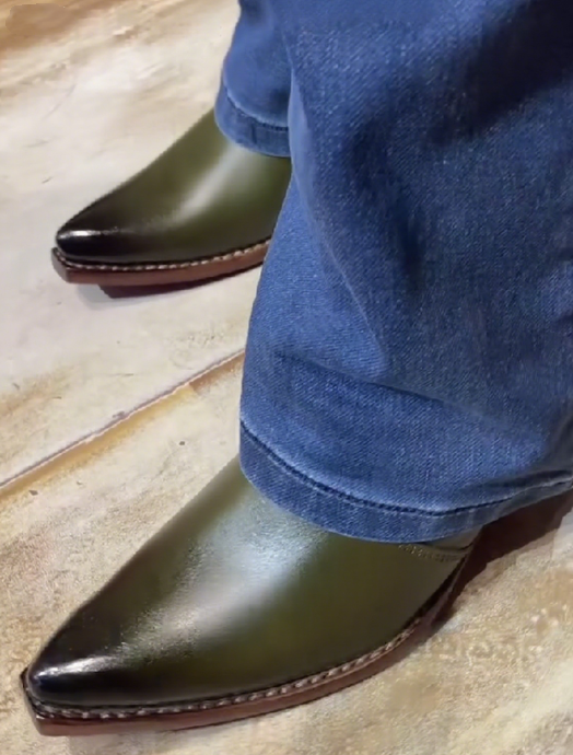 Men's Pointed Toe Ultimate Green Cuban High Heel Leather Boots