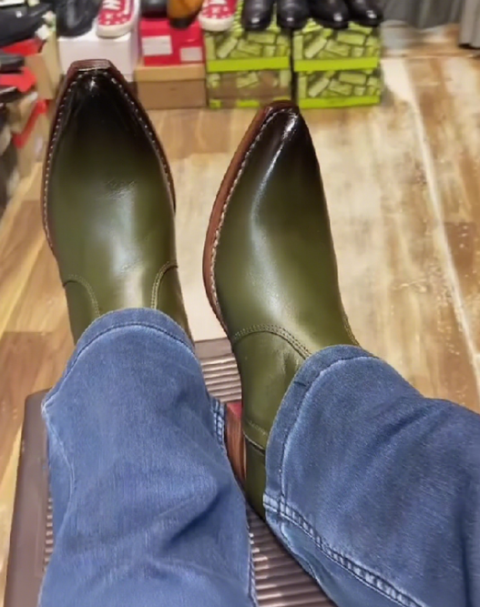 Men's Pointed Toe Ultimate Green Cuban High Heel Leather Boots