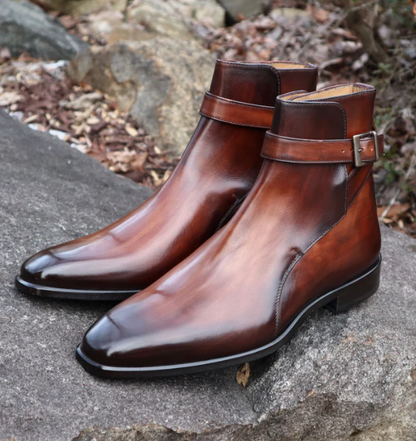 Handmade Men's Leather Cognac Patina Ankle High Stylish Shoes Boots