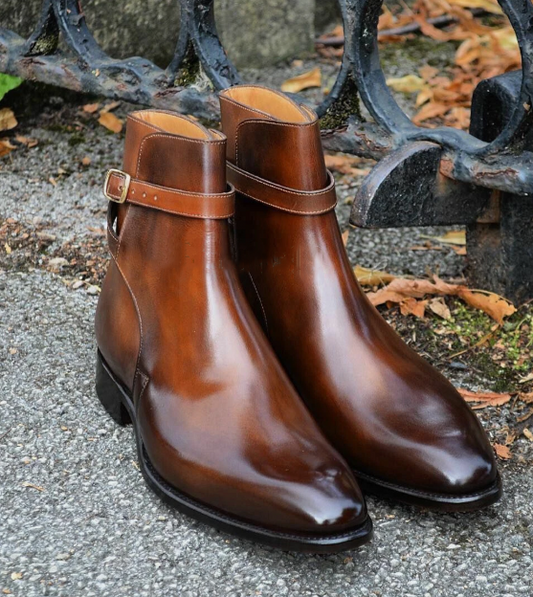 Handmade Men's Leather Cognac Patina Ankle High Stylish Shoes Boots