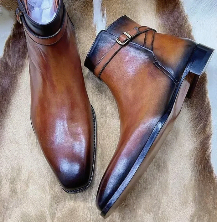 Handmade Men's Leather Cognac Patina Ankle High Stylish Shoes Boots