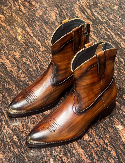 Men's Fashionable Pointed Toe Embroidered Gradient Cowboy Boots