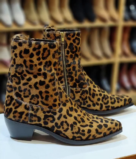Brown Leopard Pointed Hand Crafted Leather Boots