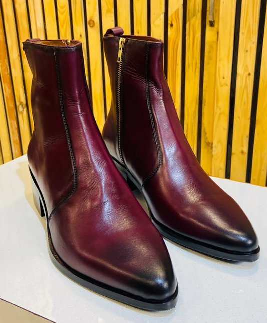 Men's Burgundy Smudge Toe Side Zipper Ankle Boots