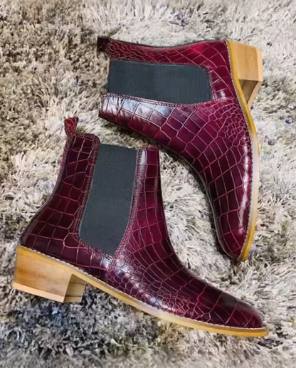 Cherry Croc Cuban Handmade Heels Leather Boots