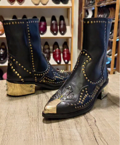 Men's Metal Toe Embroidered Rivet Ankle Boots