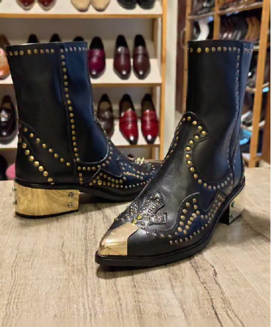 Men's Metal Toe Embroidered Rivet Ankle Boots