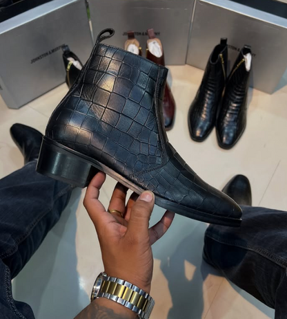 Men's Crocodile-print Italian Cuban Ankle Boots