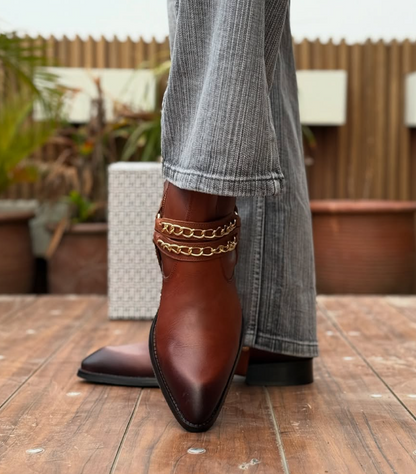 Men's Tan Leather Mixed Chain Ankle Boots