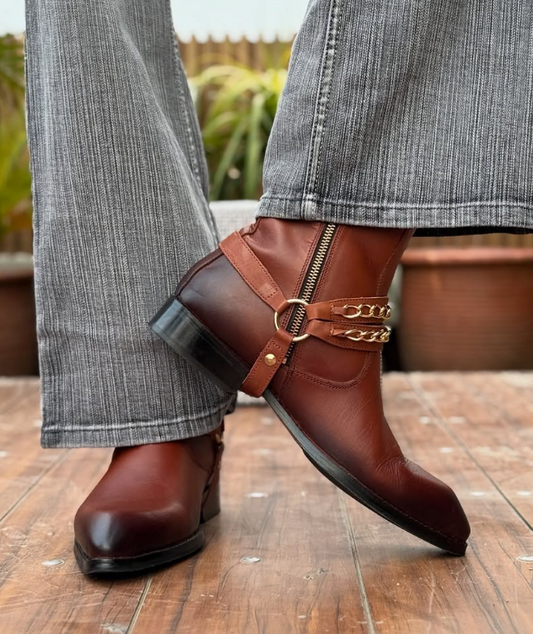 Men's Tan Leather Mixed Chain Ankle Boots