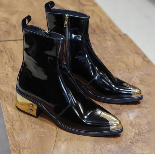 Men's Polished Authentic Golden Tip Handmade  Leather Ankle  Boots