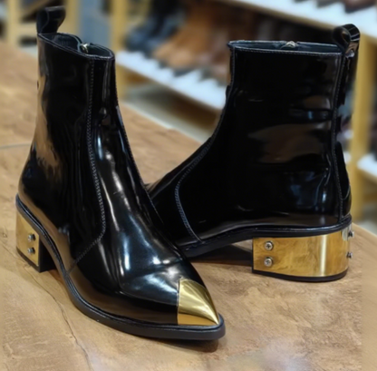 Men's Polished Authentic Golden Tip Handmade  Leather Ankle  Boots