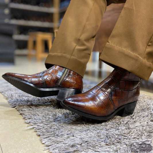 Men's Dark brown Crocodile Print Side Zipper Pointed Toe Boots