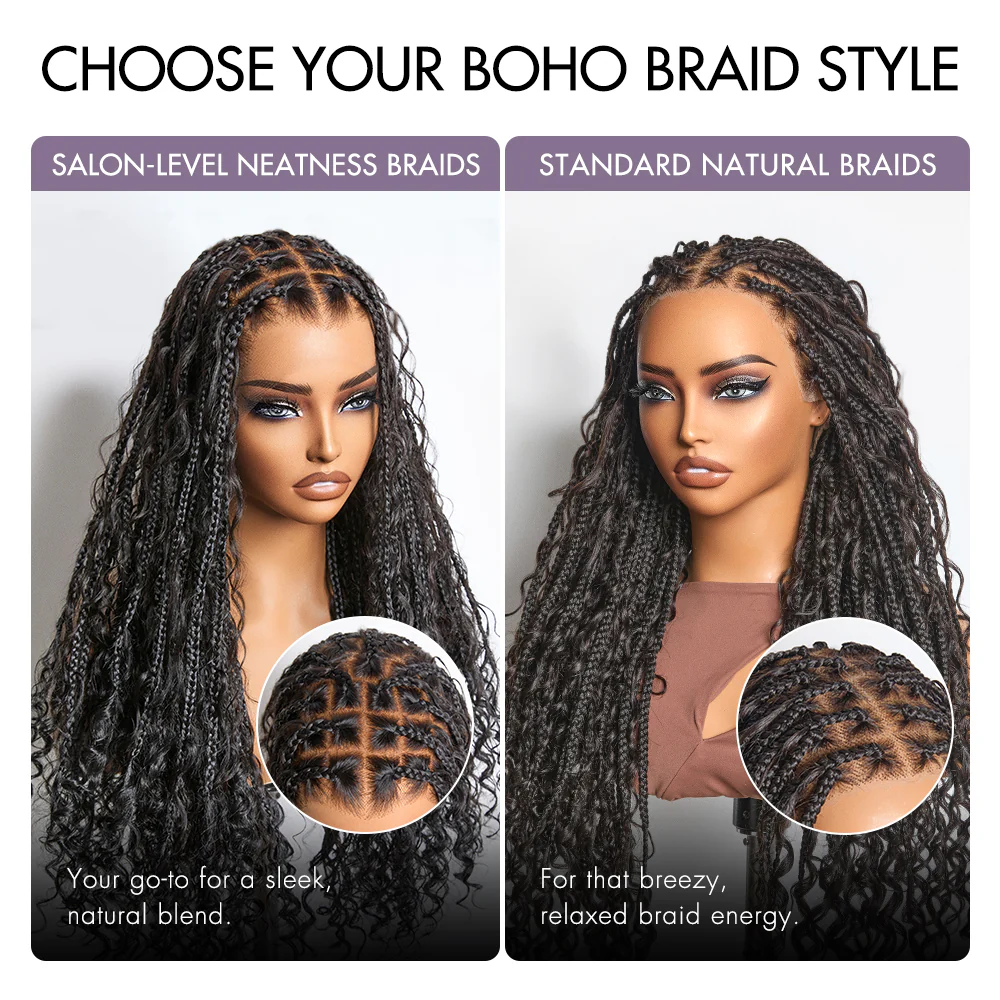 Flexi-Fit Invisi Drawstring Cap Full Lace Knotless Boho Curls Braided Long Wig Super Natural Scalp
