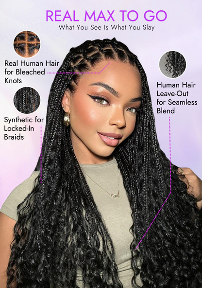 Flexi-Fit Invisi Drawstring Cap Full Lace Knotless Boho Curls Braided Long Wig Super Natural Scalp
