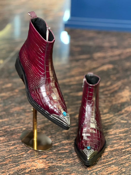 Croc-embossed Burgundy Boots With Turquoise-tipped Metal