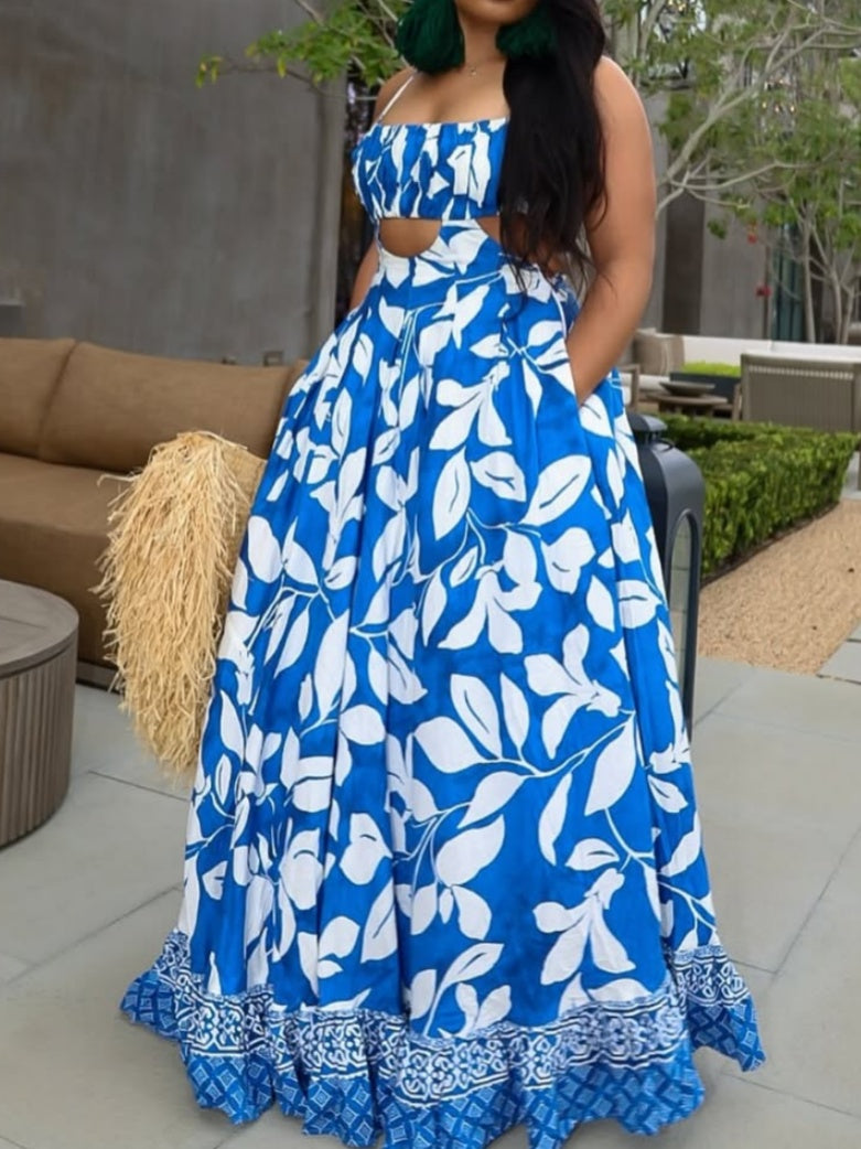 Backless Printed Suspender Maxi Dress