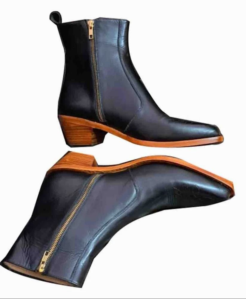 Men's Pointed Toe Chunky Heel Short Leather Boots-Black
